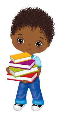 Şirin Afrikalı Amerikalı Çocuk Kitap Tutuyor. Vektör Okulu Siyah Çocuk