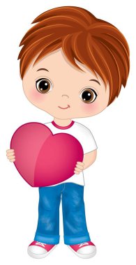 Kot pantolon ve tişört tutan kalp giyen şirin çocuk. Yürekli Vektör Küçük Çocuk
