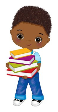 Şirin Afrikalı Amerikalı Çocuk Kitap Tutuyor. Vektör Okulu Siyah Çocuk
