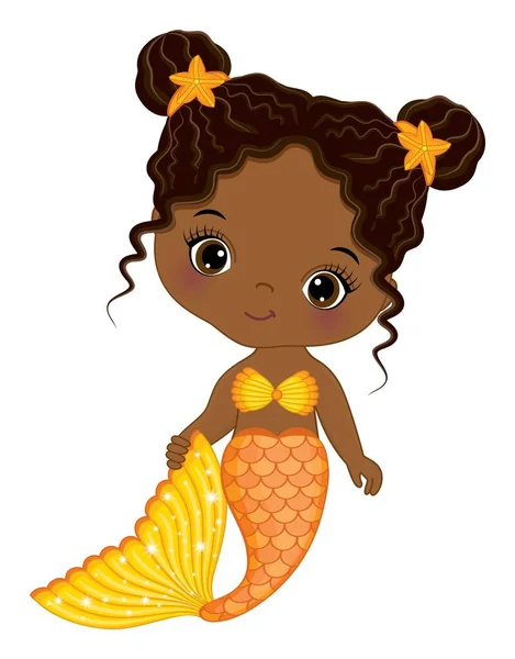 Petite sirène afro-américaine mignonne avec queue de poisson jaune et orange. Vecteur noir bébé sirène — Image vectorielle