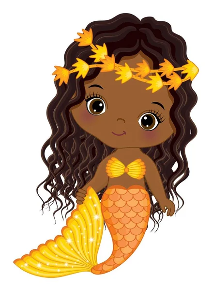 Leuke kleine Afro-Amerikaanse kleine zeemeermin met gele en oranje visstaart. Vector zwarte baby zeemeermin — Stockvector