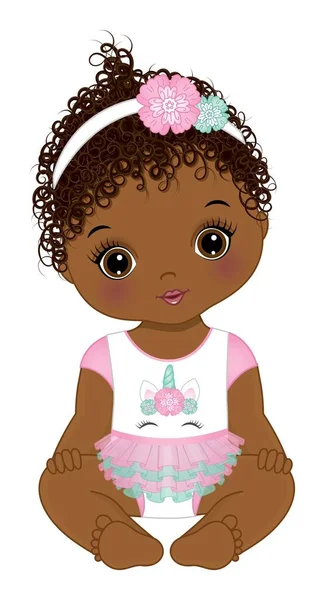 Africano American Unicorn Baby Girl. Vector unicórnio bebê menina — Vetor de Stock