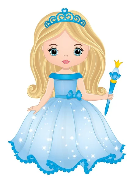 Hermosa princesa rubia con vestido azul largo y la celebración de varita mágica. Princesa vectorial — Vector de stock