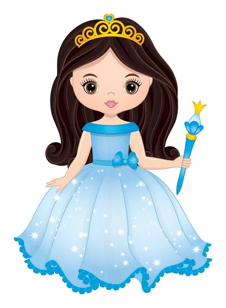 Linda princesa de cabelos escuros vestindo vestido azul longo e segurando varinha mágica. Princesa vectora — Vetor de Stock