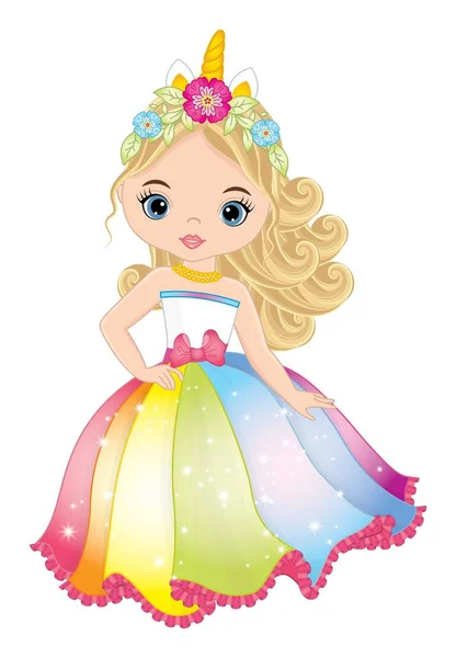 Beautiful Unicorn Girl Wearing Long Rainbow Dress. Vector Unicorn Girl — Stock Vector