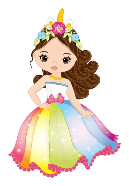 Όμορφο κορίτσι μονόκερος φορώντας μακρύ φόρεμα ουράνιο τόξο. Διάνυσμα κορίτσι μονόκερος — Διανυσματικό Αρχείο