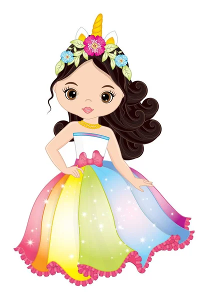 Hermosa chica unicornio con vestido largo de arco iris. Vector unicornio chica — Vector de stock