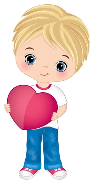 Cute Little Blond Boy Holding Heart. Vector Little Boyl with Heart — Stock Vector