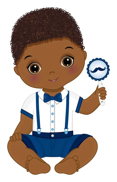 Lindo afroamericano pequeño hombre sosteniendo sonajero con bigote imagen. Vector negro bebé niño — Vector de stock