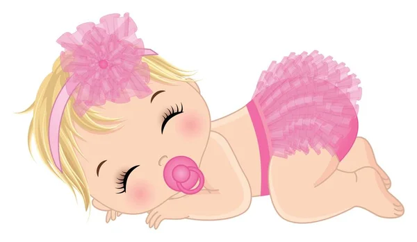 Linda niña usando rosa volantes pañal durmiendo. Vector Baby Girl con chupete — Vector de stock