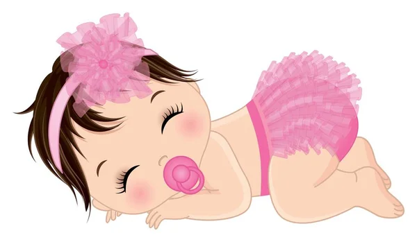 Linda niña usando rosa volantes pañal durmiendo. Vector Baby Girl con chupete — Vector de stock