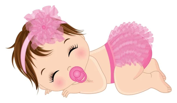 Linda niña usando rosa volantes pañal durmiendo. Vector Baby Girl con chupete — Vector de stock