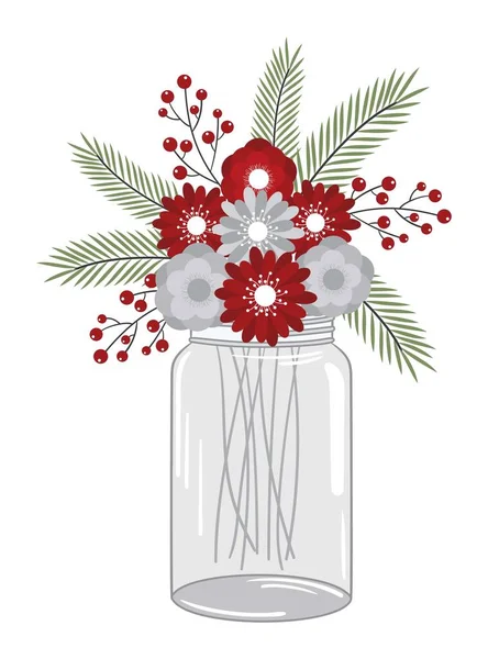 Bloemen Kerstboeket In Mason Jar — Stockvector