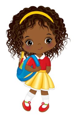 Aksesuarlı şirin Afrikalı Amerikalı Kız Sırt Çantası. Vektör Okulu Siyah Kız 