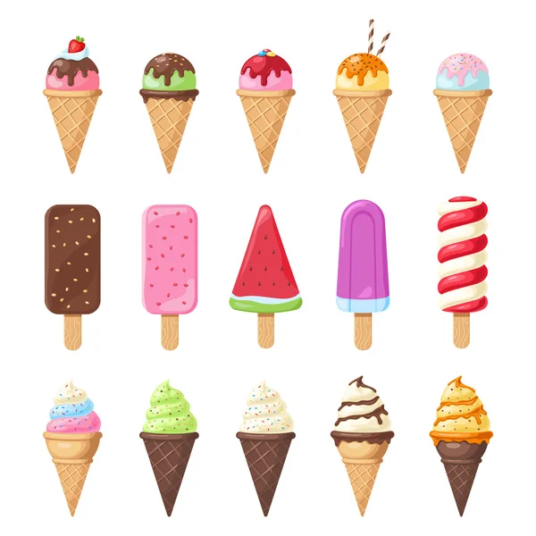 Sabroso juego de helado colorido — Vector de stock