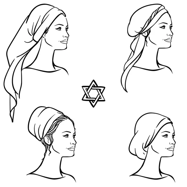 Schattig joodse religie vrouwen in koosjer slijtage met hala, kaarsen klaar om shabat — Stockvector