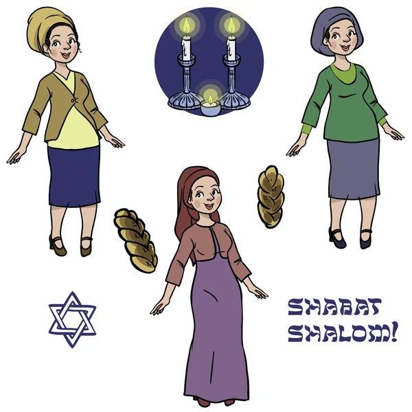 Roztomilé židovské náboženství ženy v košer opotřebení s hala, připraven k shabat svíčky — Stockový vektor