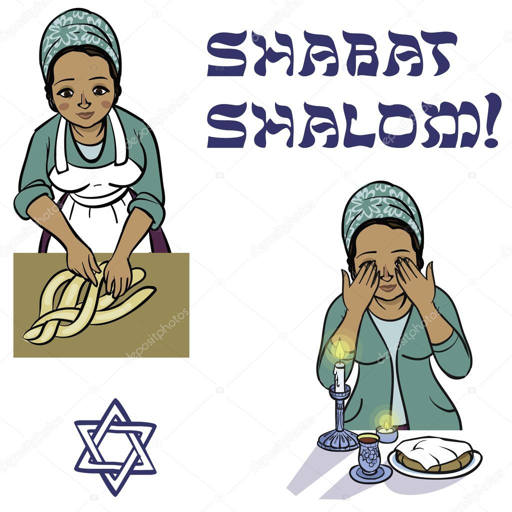 cute jewish religion woman with hala, candles and shabat
