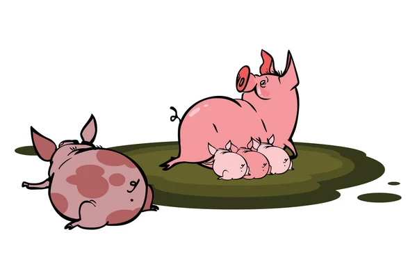 Divertido vector de dibujos animados cerdo con lechones en el barro — Vector de stock
