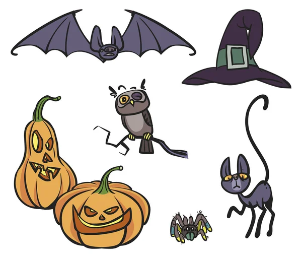 Ícone definido halloween animais, coisas e abóboras — Vetor de Stock