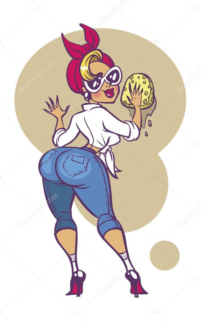 Funny vector cartoon colorfull girl in pin-up style isolated bac