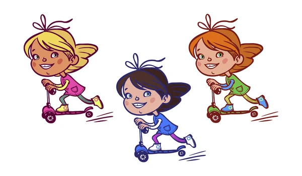 有趣的矢量卡通女孩踩滑板车。矢量图 — 图库矢量图片