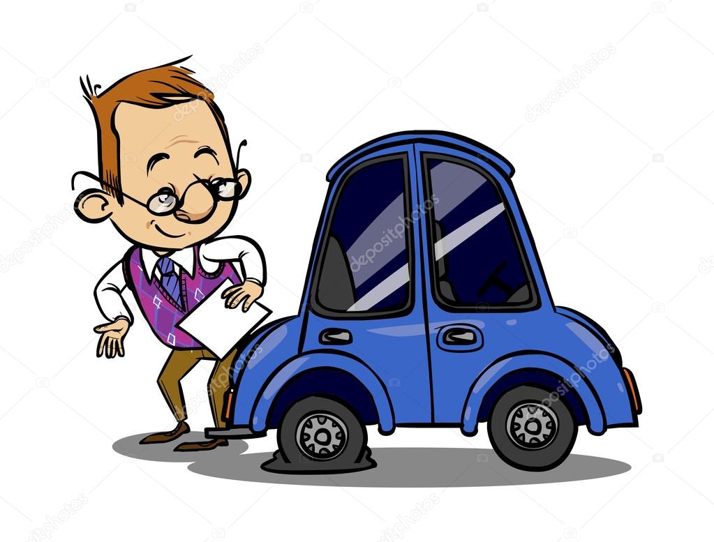Insurance agent inspects a broken car. Vector illustration