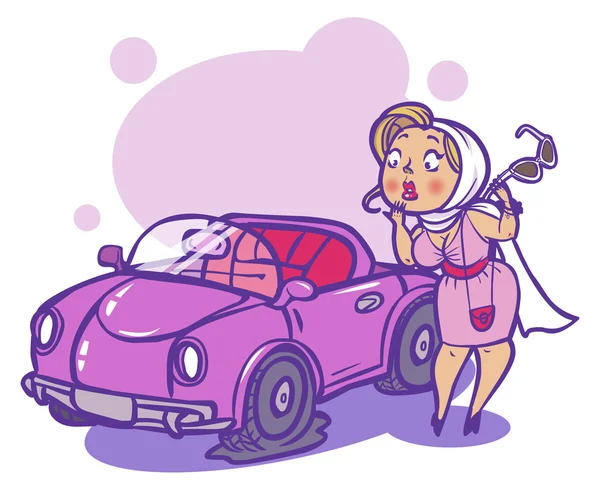 Glamour girl sees her crushed cabriolet. Vector illustration — Stock Vector