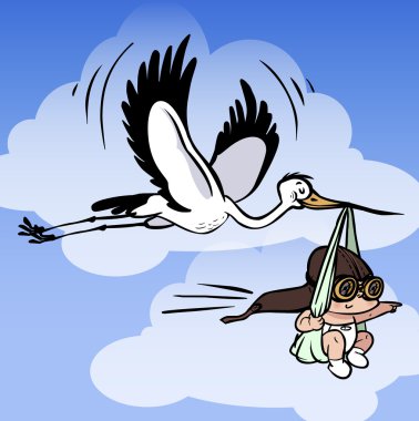 Vector stork carries newborn clipart