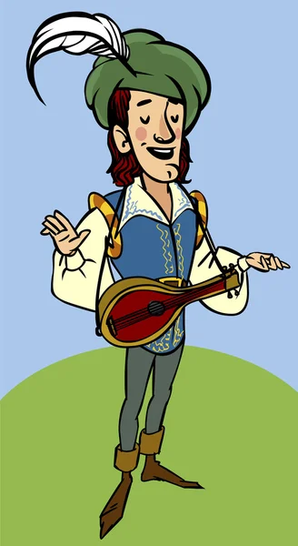 Cartoon funny medieval bard with a lute. vector illustration — Stock Vector