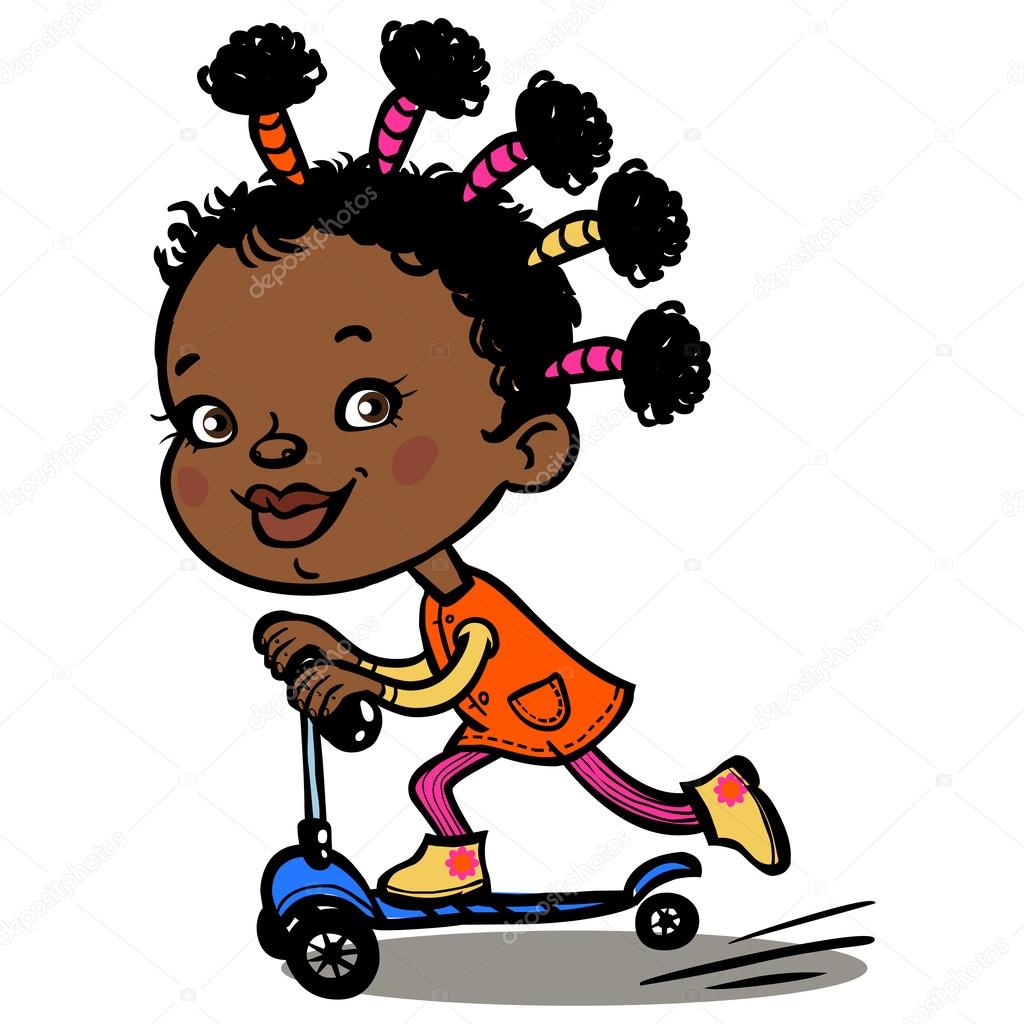 Funny vector cartoon black Girl on scooter. vector illustration