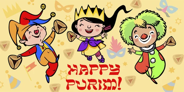 Tarjeta de felicitación divertida Happy Purim. Ilustración vectorial — Vector de stock