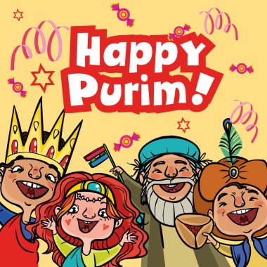 Funny Happy Purim greeting card. Vector illustration clipart