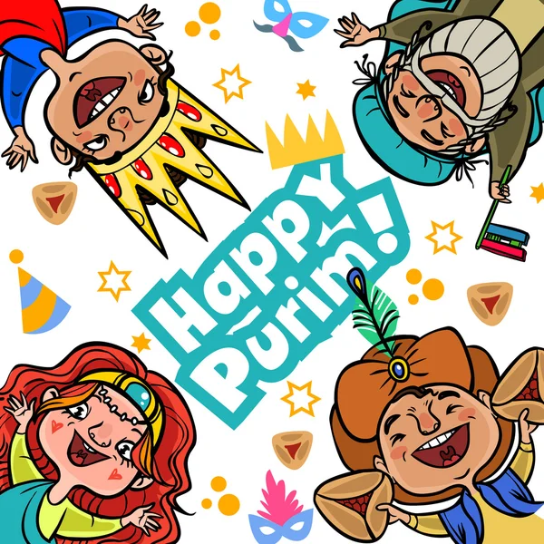 Tarjeta de felicitación divertida Happy Purim. Ilustración vectorial — Vector de stock