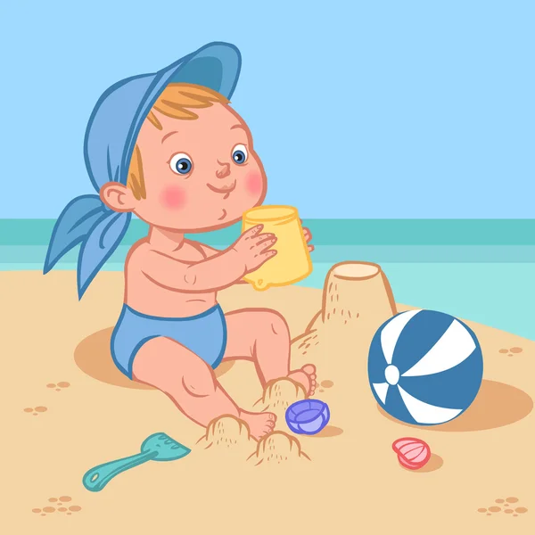 Engraçado bonito desenho animado bebê jogando na beach.Vector ilustração —  Vetores de Stock