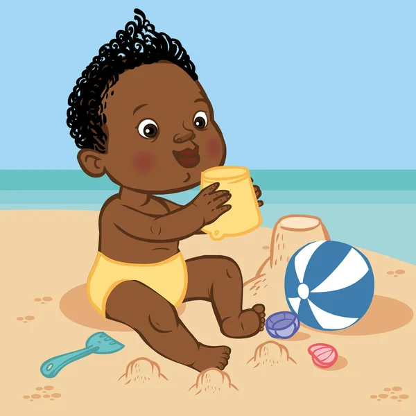 Engraçado bonito desenho animado bebê jogando na beach.Vector ilustração —  Vetores de Stock