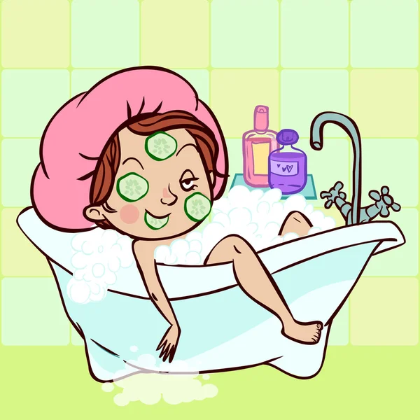 お風呂でかわいい漫画の女の子。ベクトル図 — ストックベクタ