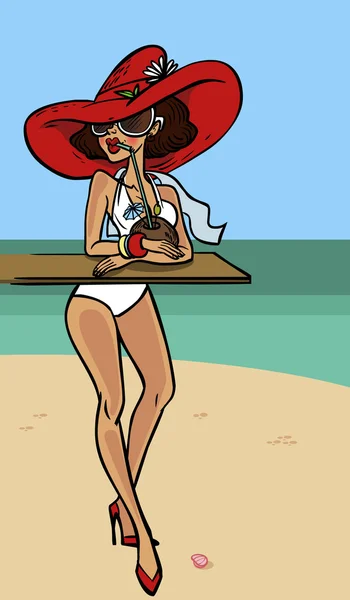 Funny cute cartoon pin-up girl on the beach.Vector illustration — Stock Vector