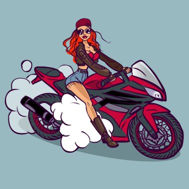 Komik vektör karikatür Derma Motorcu kız pin-up tarzı isolat