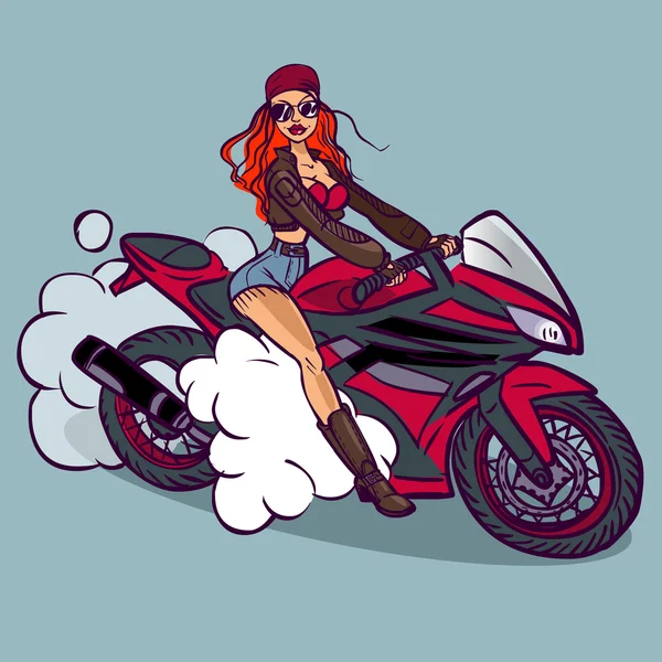 Drôle vecteur dessin animé coloré motard fille dans pin-up style isolat — Image vectorielle