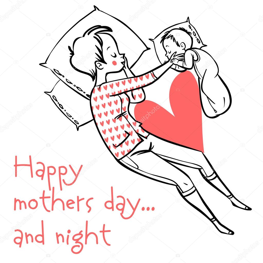 Funny cartoon mothers day card. vector illustration