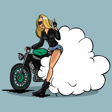 Komik vektör karikatür Derma Motorcu kız pin-up tarzı isolat