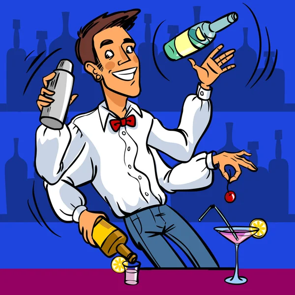 Divertido vector de dibujos animados barman — Vector de stock