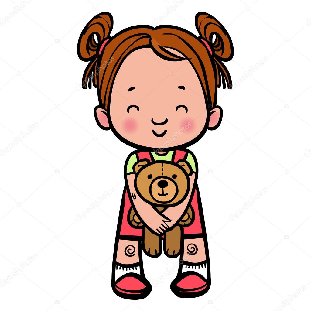 Funny vector cartoon girl with teddy-bear. Vector illustration