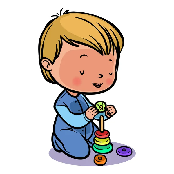 Rolig söt tecknad baby samlar in en pyramid. Vektor illustration — Stock vektor