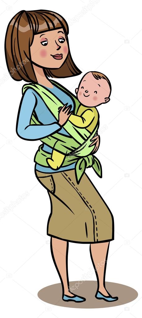 Mom holding her baby in a sling. vector illustration