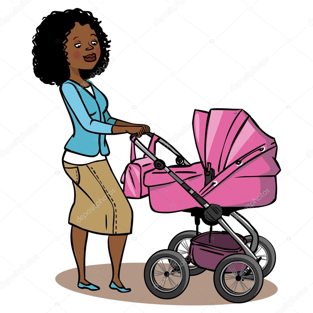 Funny cartoon mother with baby stroller. Vector illustration