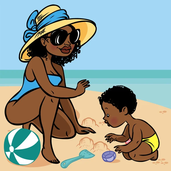 Grappige cute cartoon Afrikaanse baby en moeder spelen op het strand. VEC — Stockvector
