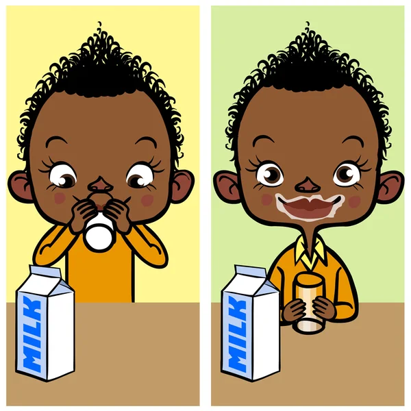 Grappige cartoon Afrikaanse jongen consumptiemelk. Vectorillustratie — Stockvector