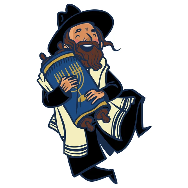 Funny cartoon jewish man dancing with Torah. Vector illustration — Stock Vector